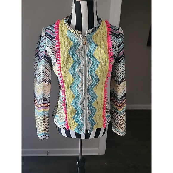 Holly Bracken Womens Blazer Jacket Sz Small Yellow Blue Chevron Print Zip Front - Picture 12 of 12